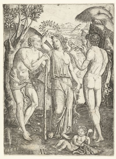 Young Woman with Leaf Wreath Standing Between Old Man Leaning on Stick and Young Man with Dragon and Child by Marcantonio Raimondi
