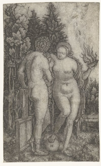 Young Man Protected by Woman with Globe and Offering Bowl as Personification of Fortune (Fortuna) by Marcantonio Raimondi