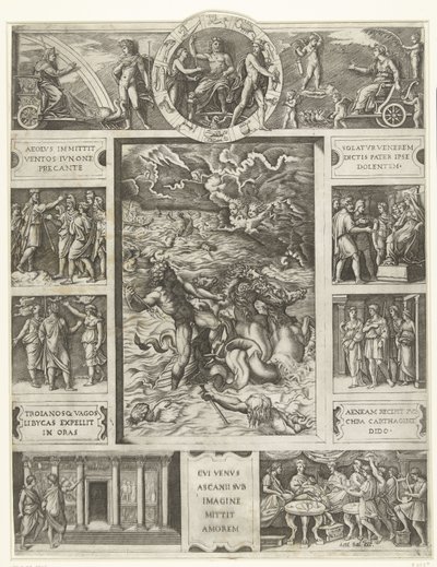Jupiter Calms the Storm at Sea in Rectangular Frame with Nine Scenes from the Aeneid by Marcantonio Raimondi