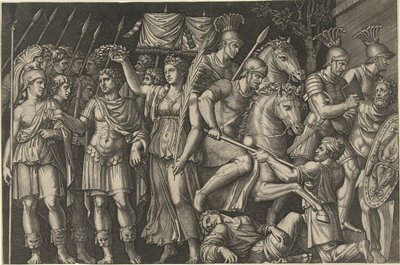 Emperor Trajan Crowned by Victoria Next to Female Personification of Rome and Romans Fighting Dacians by Marcantonio Raimondi