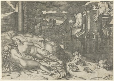 Landscape with Two Naked Sleeping Women and Fantasy Animals on Shore by Water with Burning Building (Dream of Raphael) by Marcantonio Raimondi