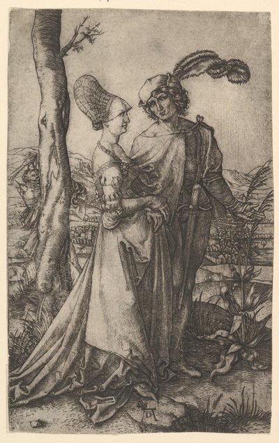 Lord and Lady Walking with Figure of Death Hiding Behind a Tree by Marcantonio Raimondi