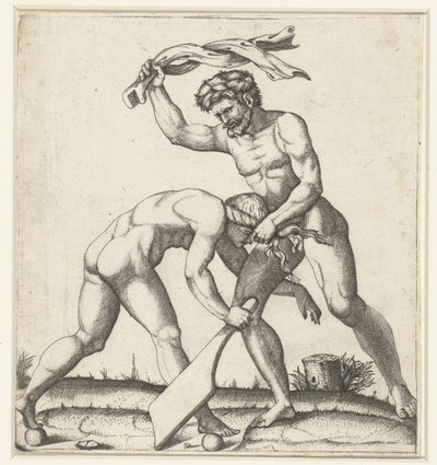Man Fighting with Woman as Personification of Fortune (Fortuna) by Marcantonio Raimondi