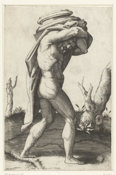 Naked Man Carrying the Base of a Column on His Back by Marcantonio Raimondi
