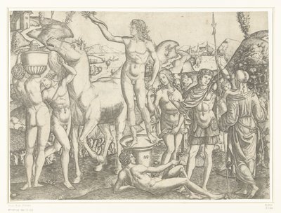 Naked Man with Torch Standing on Pedestal Surrounded by Naked Men with Horse and Vase and Soldier Flanked by Virtues Prudence and Love by Marcantonio Raimondi