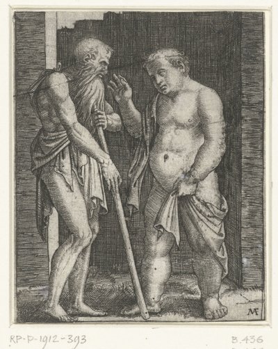 Old Man Leaning on a Stick and Gesturing Young Fat Man by Marcantonio Raimondi