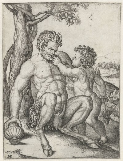 Pan with Drinking Cup and Bacchus as a Child with a Bunch of Grapes by Marcantonio Raimondi