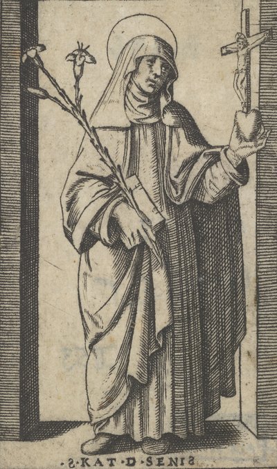 Saint Catherine of Siena standing holding flowers and book in her right hand by Marcantonio Raimondi