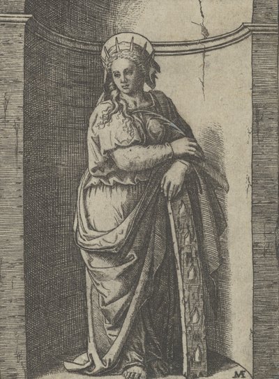 Saint Catherine Standing in a Niche, Resting on a Wheel, Her Instrument of Torture by Marcantonio Raimondi