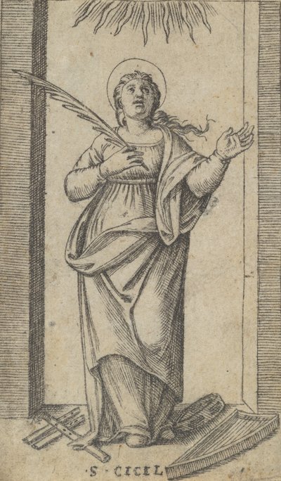 Saint Cecilia standing holding a palm of martyrdom in her right hand, ca. 1500-1527 by Marcantonio Raimondi