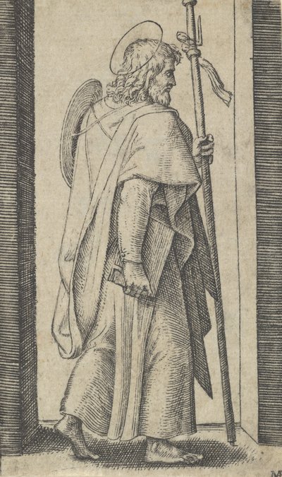 Saint James Major, book in his right hand, staff in his left facing right by Marcantonio Raimondi