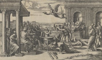The Martyrdom of Saint Cecilia standing naked in a large cauldron by Marcantonio Raimondi