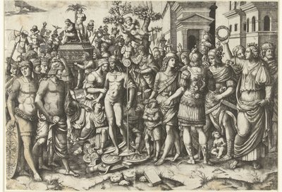Triumphal Procession of Roman Emperor with Soldiers and Captured Armors by Marcantonio Raimondi