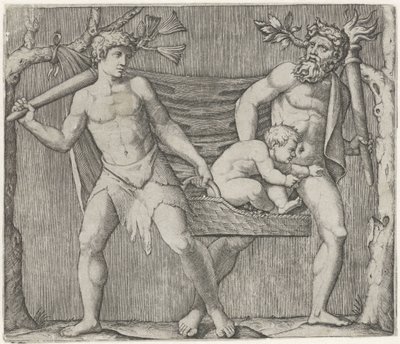 Two Fauns Carrying a Child in a Basket by Marcantonio Raimondi