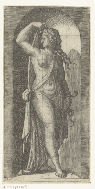 Woman as Personification of Prudence with Snake and Mask by Marcantonio Raimondi