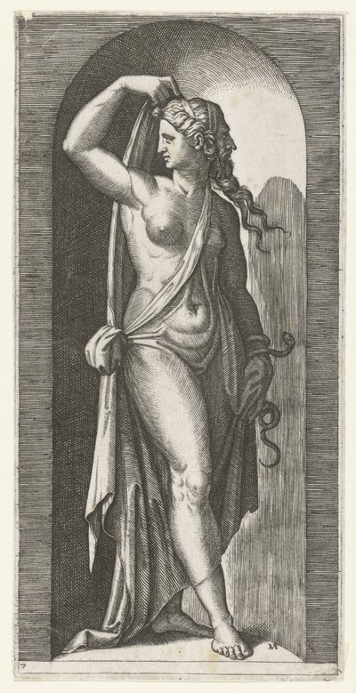 Woman as personification of Prudence (Prudentia) with snake and mask (Seven Virtues series) by Marcantonio Raimondi