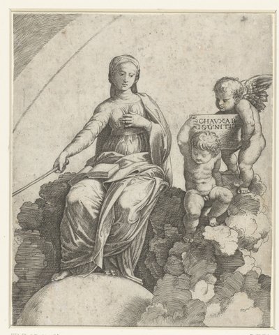 Woman with Book and Scepter as Personification of Philosophy Sitting on Clouds with Feet Resting on Globe and Two Putti Beside Her by Marcantonio Raimondi