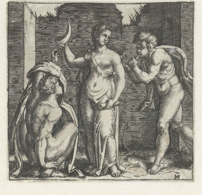 Woman with Crescent Moon Flanked by Faun Blowing Horn and Crouching Man by Marcantonio Raimondi