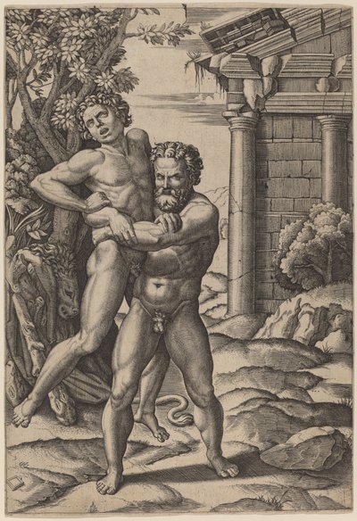 Hercules and Antaeus by Marcantonio Raimondi, after Raphael