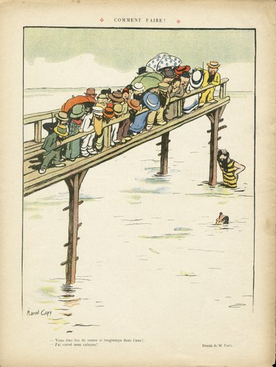Illustration of Marcel Capy (1865-1941) in Le Rire, 24/08/12 - How to do it? - Leisure, Architecture Urban Planning, Marine Marine Seaside, Swimming, Crowd by Marcel Amable O.L. Capy