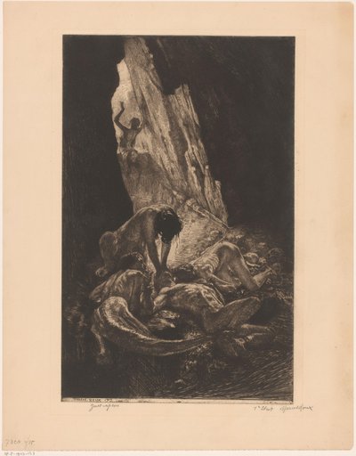 Interior of a Dark Cave with Creatures Devouring a Naked Man (Guet-apens) by Marcel Roux (signed by artist)