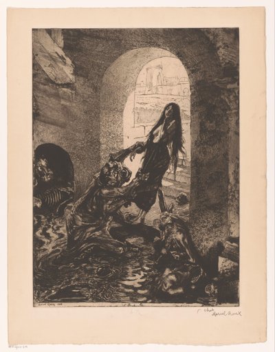 Monster Grabs a Woman Standing in the Doorway (Offering to Moloch) by Marcel Roux (signed by artist)