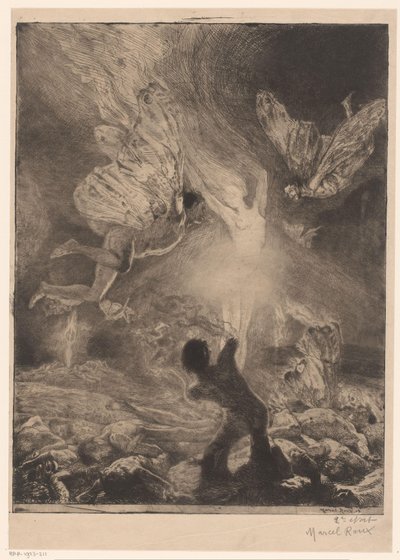 Flame in the Shape of a Woman, Surrounded by Men with Wings Burning and Falling by Marcel Roux (signed by artist)