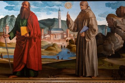 St. Francis Receiving the Stigmata Among St. Clare and Peter, the Blessed Bartolomeo of Breganze, and St. Paul and Bernardino (detail) by Marcello Fogolino