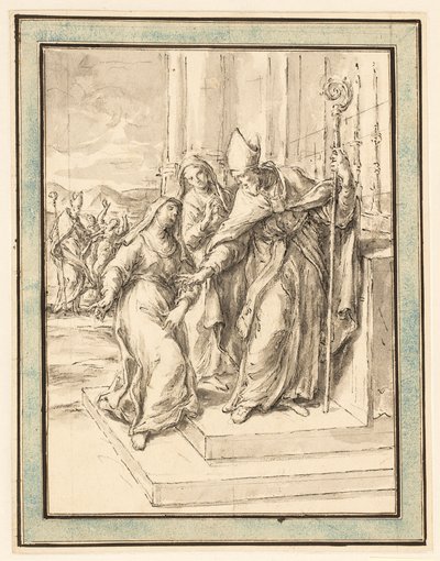 A Bishop and Two Nuns at an Altar, with a Bishop Healing a Possessed Woman in the Background by Marco Benefial