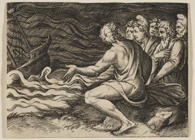A group of figures at right witnessing a shipwreck, ca. 1515-1527 by Marco Dente