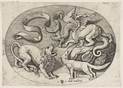 A Lion, Dragon and Fox Fighting Each Other, an Inscribed Banderole Above, an Oval, ca. 1515-27 by Marco Dente