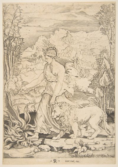 Fortitude in profile view walking toward a fire at left and leading a harnessed lion by Marco Dente