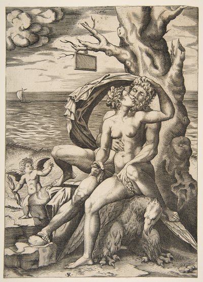 Jupiter and Semele Embracing, an Eagle Beneath Them, a Tree at Right by Marco Dente