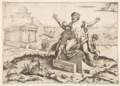 Laocoön and His Two Sons Being Attacked by Serpents Upon a Pedestal, a Temple to Minerva by Marco Dente