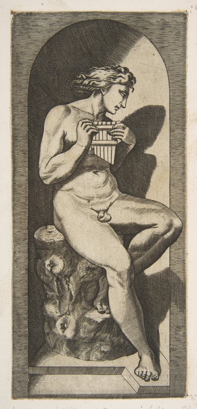 Olympus naked seated on a tree stump holding pipes, set within a niche by Marco Dente