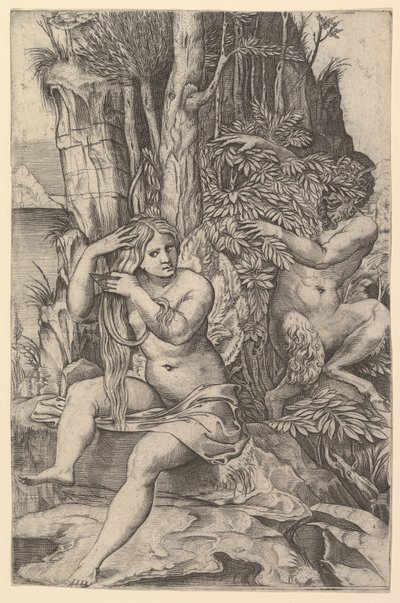 Pan Spying on the Nymph Syrinx Who is Seated on a Rock, Combing Her Hair, ca. 1516-20 by Marco Dente