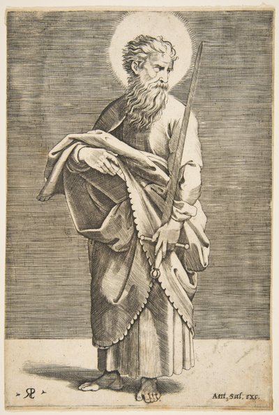 Saint Paul looking to the right and holding a sword and a book by Marco Dente