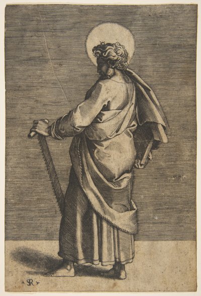 Saint Simon standing facing left, holding a saw and a book by Marco Dente