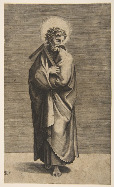 Saint Thomas holding a square rule, his head turned to the right by Marco Dente