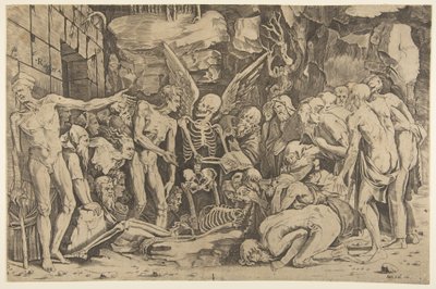 The Skeletons, a group of emaciated men and women gathered around a skeleton, 1515-27 by Marco Dente