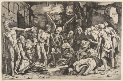 The Skeletons, a Group of Emaciated Men and Women Gathered Around a Skeleton by Marco Dente