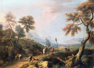 A Wooded Landscape with Gentlemen in a Carriage on a Road by Marco Ricci