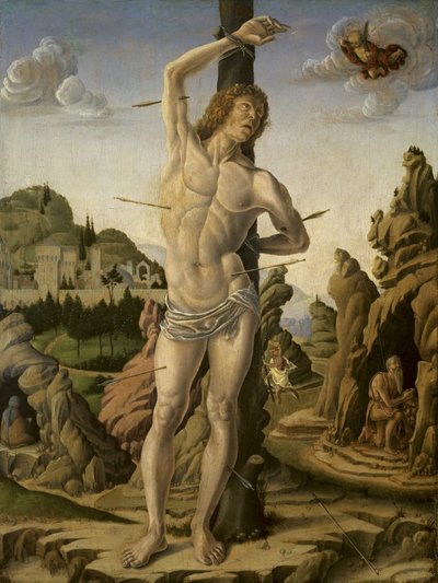 Saint Sebastian in a Rocky Landscape with Saints Jerome, Anthony Abbot and Christopher by Marco Zoppo