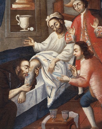 Religious men treating a patient at St. Andrew Hospital, Cuzco by Marcos Zapata
