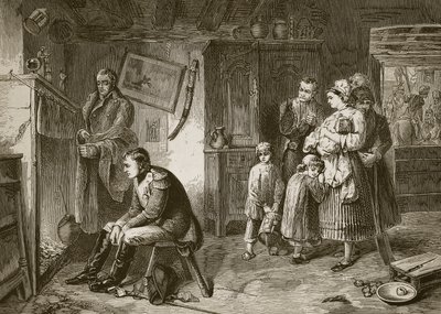 Napoleon seeks rest in a roadside cottage after his defeat at Waterloo, engraved by J.D. Cooper by Marcus Stone