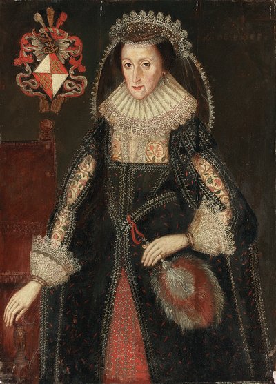Portrait of Lady Eleanor Dutton, Three-Quarter Length, in Elegant Dress, Standing Beside a Chair Inscribed with Coat-of-Arms of the Dutton Family of Cheshire and Gloucestershire by Marcus the Younger Gheeraerts