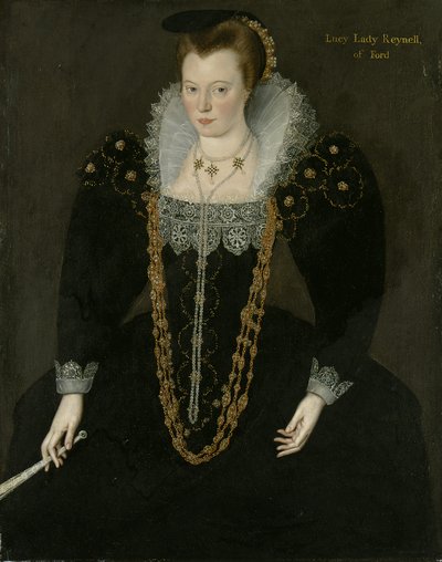 Portrait of Lucy, Lady Reynell of Ford, Three-Quarter-Length, in a Dark Dress with a White Lace Collar and Gold and Pearl Necklaces, Holding a Fan in Her Right Hand with Identifying Inscription by Marcus the Younger Gheeraerts