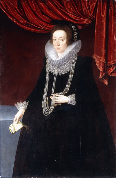 Portrait of Margaret Belasyse, in a Black Dress, with a Pearl Necklace, and a Book in her Right Hand by Marcus the Younger Gheeraerts