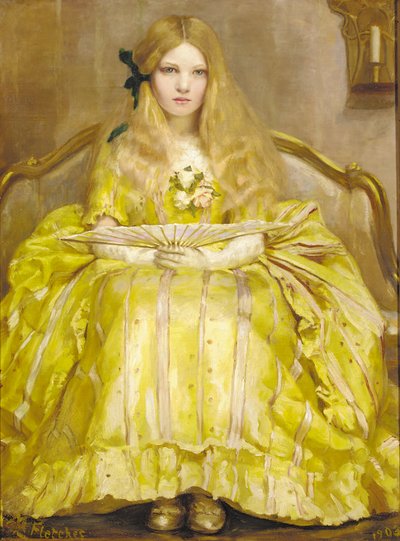 Portrait of a girl, small full-length, in a yellow dress, holding a fan, in an interior by Margaret Fletcher