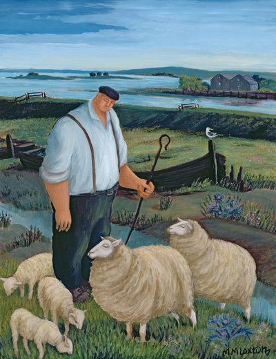 Shepherd with Sheep in River Landscape by Margaret Loxton